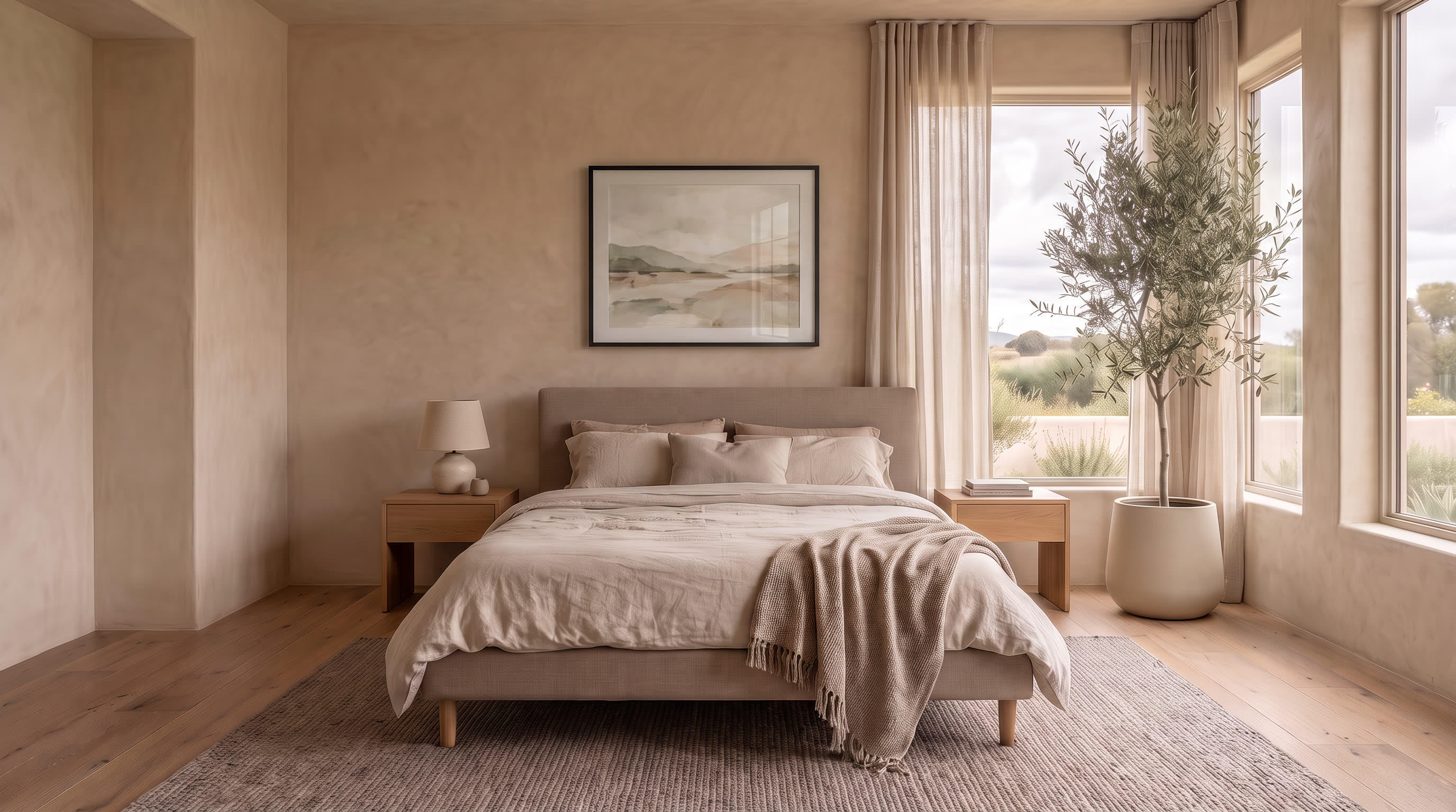 Serene bedroom with warm ambient light generated from listing photos