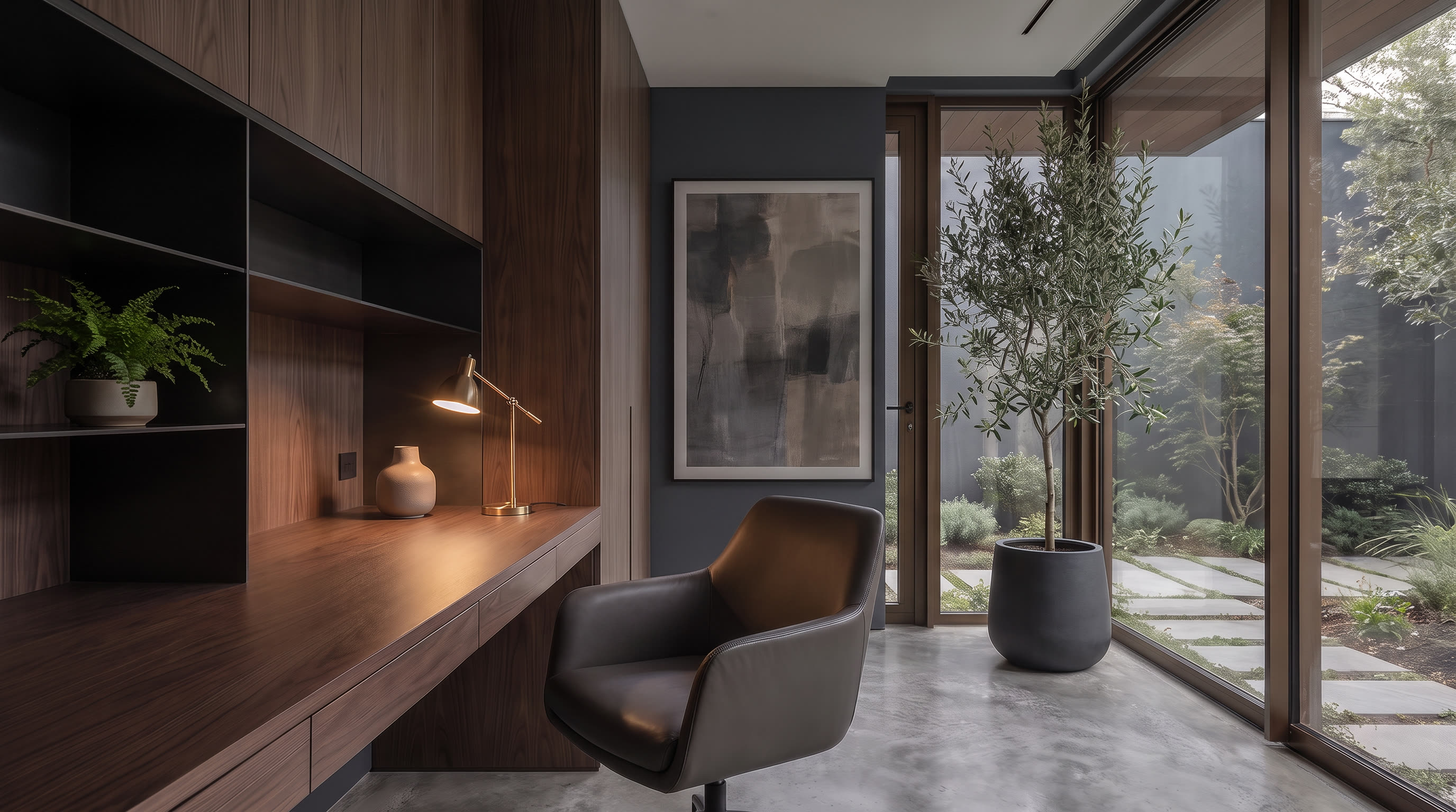 Sophisticated office space with precise built-in detailing generated from listing photos